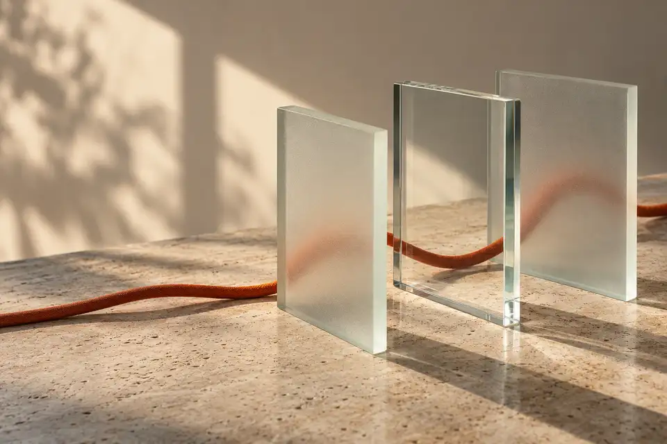 A burnt-orange cord passing through a sequence of transparent glass planes.