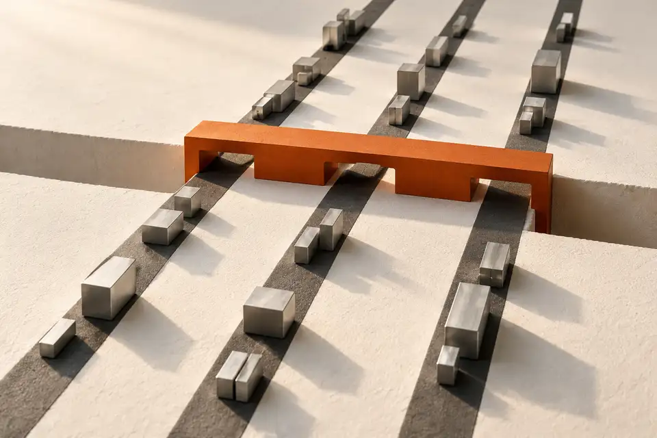 An orange bridge reconnecting separated white work tracks on a dark surface.